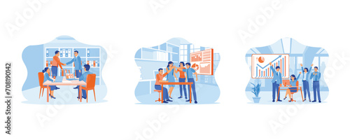 Success and happiness teamwork concept. Successful teamwork. Successful business people high five each other. Creative team brainstorming meeting. set flat vector modern illustration 