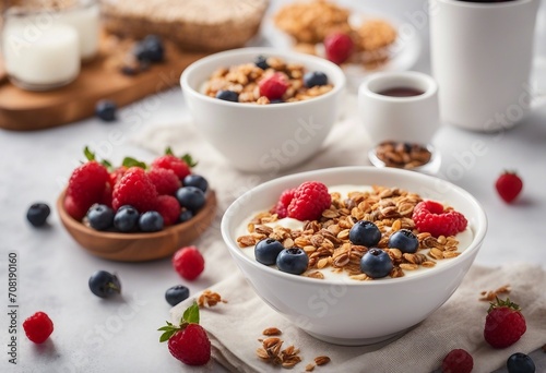 Plain yougurt with granola and berries on side fresh healthy and colorful breakfast