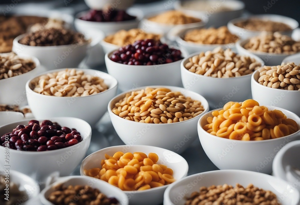 Variety of cold cereals in white bowls Variety of cold cereals in white bowls