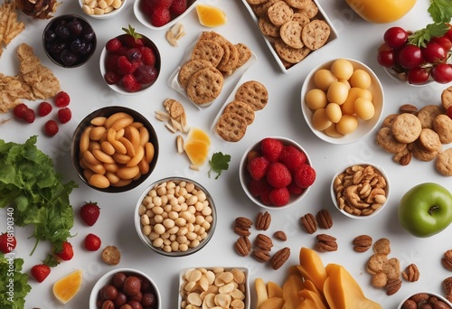 Variety of healthy snacks overhead shot
