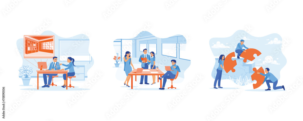  Employee Making concept. Create an interior design. Discuss and exchange ideas. Put the puzzle together correctly. set flat vector modern illustration 