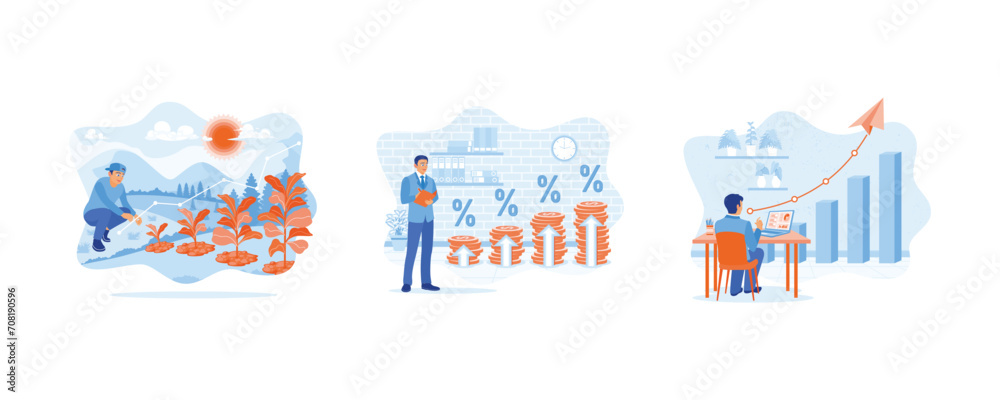Growth Analysis concept. Concept of business growth towards success. Returns on stocks and mutual funds for investment. The laptop screen displays statistical data. set flat vector modern illustration