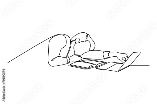 Continuous line drawing of tired young man from laptop work. Stressed man sitting while sleeping at the table. Vector concept. Creative idea. Doodle vector illustration