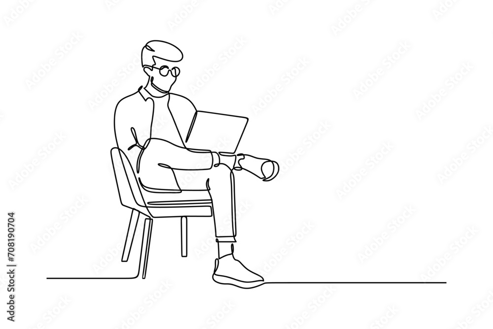 Continuous line drawing of businessman working on laptop while sitting in chair. male writer concept. Creative idea. Doodle vector illustration