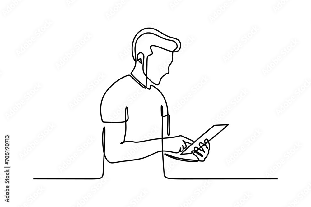 Happy business man standing using digital tablet. continuous one line art. business concept. vector illustration