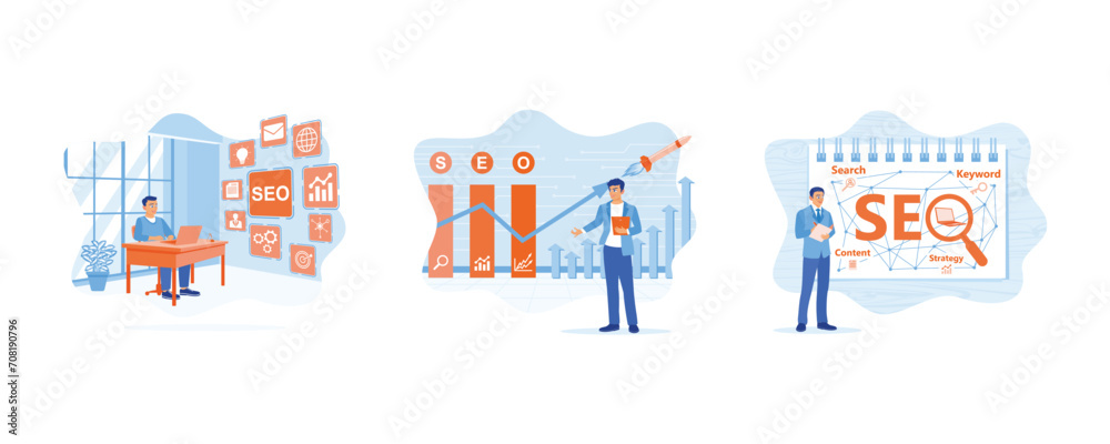 SEO concept. Businessman analyzing ranking marketing. Optimizing the website. Entrepreneurs develop business ideas via the Internet. set flat vector modern illustration 