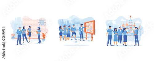 Tourist Guide concept. The female tour guide gave an explanation. Listen to the tour guide's explanation. Young tourists go on a tourist trip. set flat vector modern illustration 
