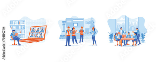 Briefing concept. Young businessman holding an online meeting. Briefing at a heavy industrial manufacturing plant. Five diverse company staff gathered. set flat vector modern illustration 