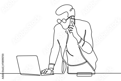 Continuous line drawing of businessman working on laptop and talking on phone. Vector concept. Creative ideas. Doodle vector illustration
