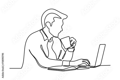 confident businessman using laptop while drinking coffee. continuous line drawing. vector illustration