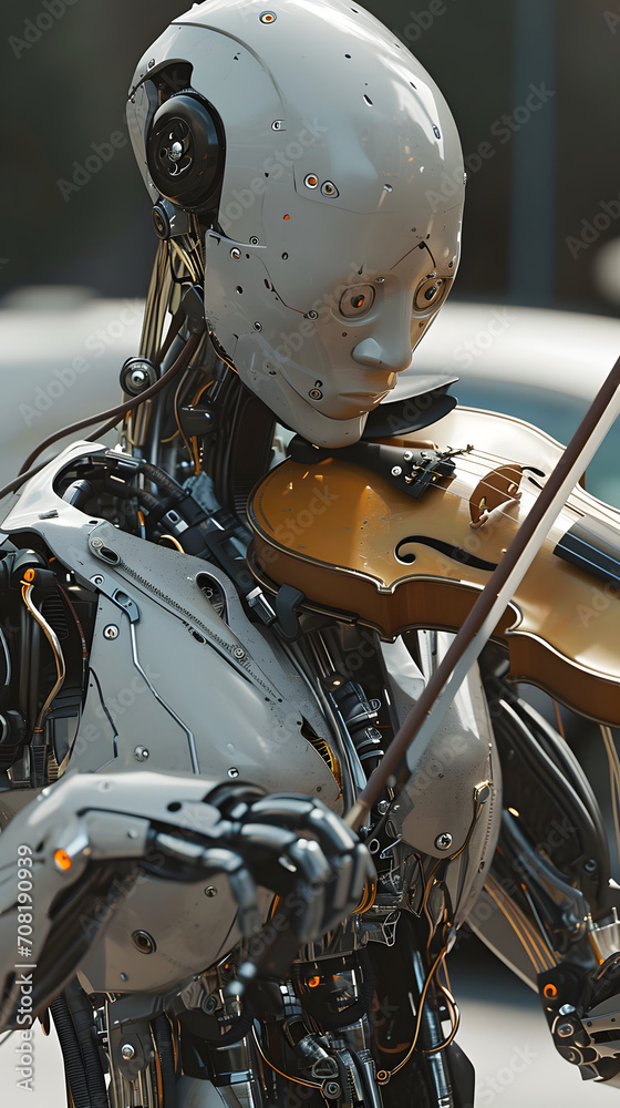 a humanoid robot cyborg plays the violin a humanoid robot cyborg plays the violin