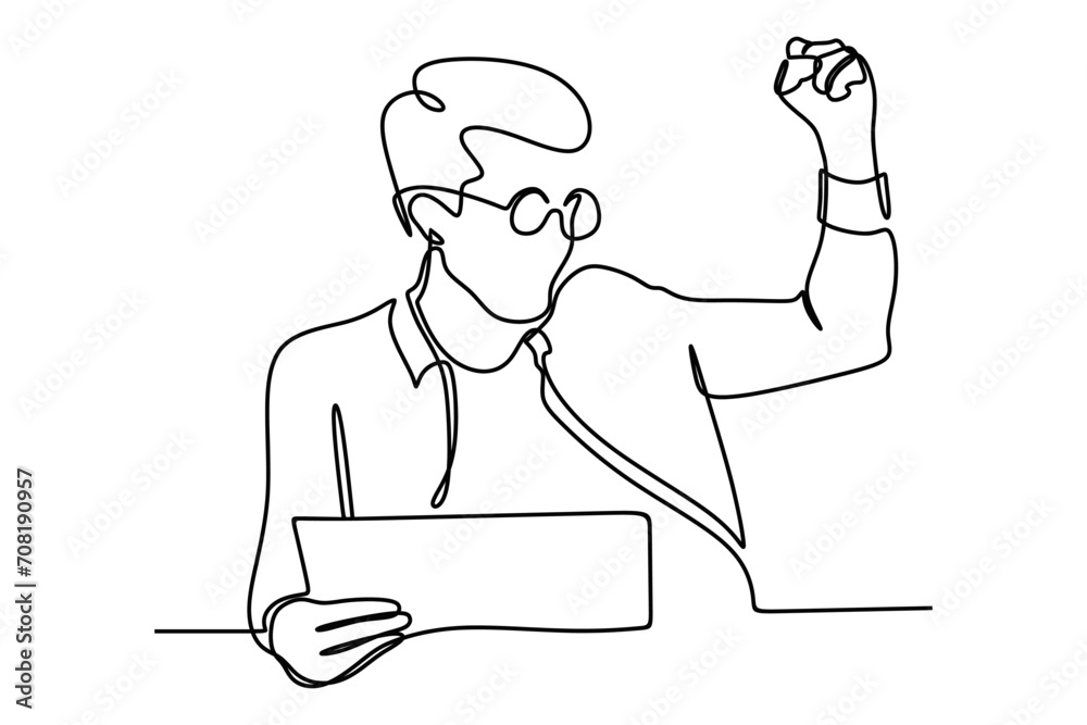 Happy young man celebrating success at work in office. Continuous line drawing. Business concept. Vector illustration