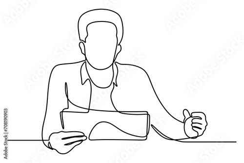 continuous line drawing of businessman holding documents while celebrating success