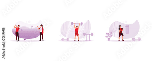 Sports athlete concept. Male and female golfers play golf on the course. Strong and active weightlifter. Professional boxer training in gym room. set flat vector modern illustration