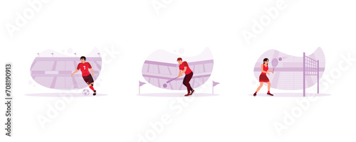 Sports athlete concept. Football teams compete in the stadium. Professional baseball players in action in a large arena. Female tennis player hitting the ball with a racket. 