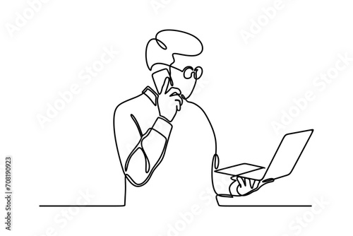business man talking on cellphone and holding laptop. continuous line drawing. vector illustration