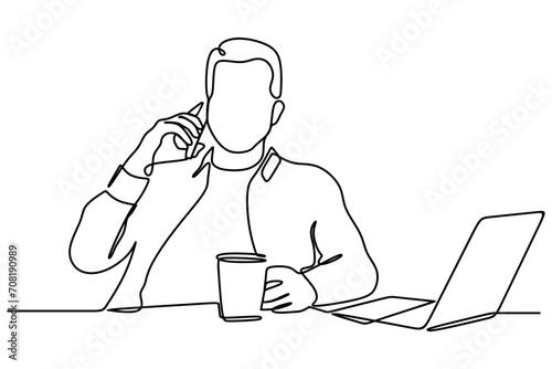 handsome man drinking coffee and talking on the phone. continuous one line art. vector illustration