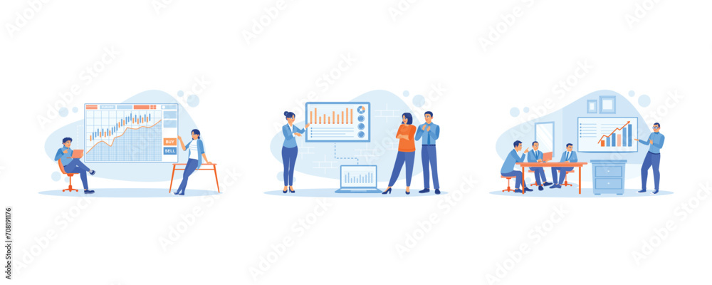 Growth Analysis concept. Make financial plans and management. Female operations manager holding a meeting with colleagues. The company's operations director makes a presentation. Growth Analysis concept. Make financial plans and management. Female operations manager holding a meeting with colleagues. The company's operations director makes a presentation.