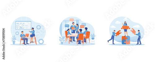 Employee Making concept. Create interior designs on the computer. The manager and office staff are having a meeting in the meeting room. Three employees connect the puzzle. 