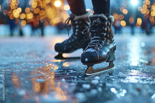 Close-up of a girl's legs in w fashion skates on an outdoor ice rink, a young girl skating thinking on the open rink photo
