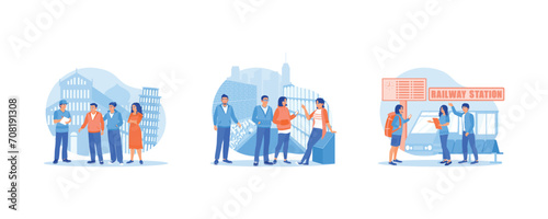 Tourist Guide concept. Vacationing in Pisa, Italy. The tour guide explains about the culture. Take a local tourist trip by train. set flat vector modern illustration 
