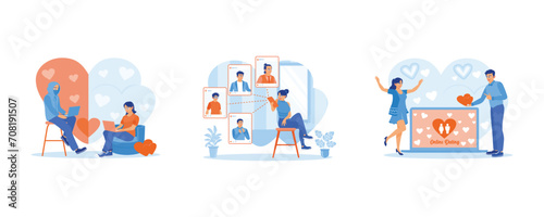 Online Dating concept. Online dating with a fake boyfriend. Open an online dating site. Young man giving heart symbol to his partner. set flat vector modern illustration 