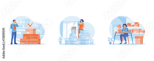 Order Confirmation concept. The businessman calls the supplier to confirm the order. The businesswoman is starting a business venture at home—product reviews via streaming video. 