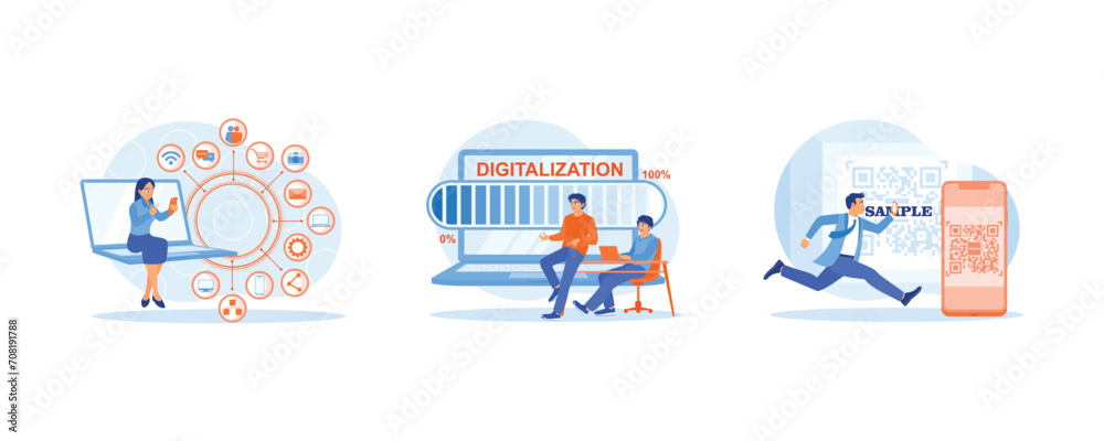  Digital Business concept. Businesswoman working in the office. Digital world concept with the word digitalization. Scan QR code is used for online payment. Flat vector illustration.