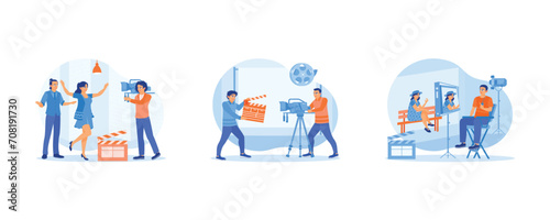 Film Production concept. The process of shooting a film indoors. Behind the scenes of filming in the studio. The film director sits in front of the monitor screen. Flat vector illustration.
