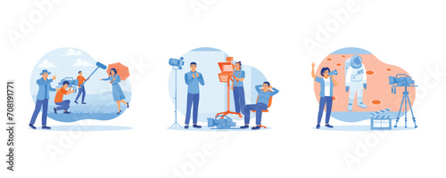 Film Production concept. Behind the scenes of the filmmaking process. Filming process in the studio. The cinematographer shoots scenes on Mars. Flat vector illustration.