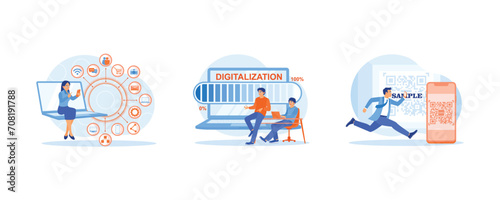  Digital Business concept. Businesswoman working in the office. Digital world concept with the word digitalization. Scan QR code is used for online payment. Flat vector illustration.