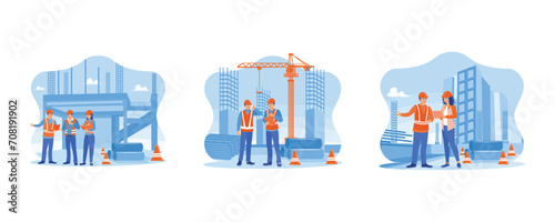Building construction sites concept. Construction managers and engineers working on a building site. Structural engineer and architect wearing orange work vests discussing at the construction site. 