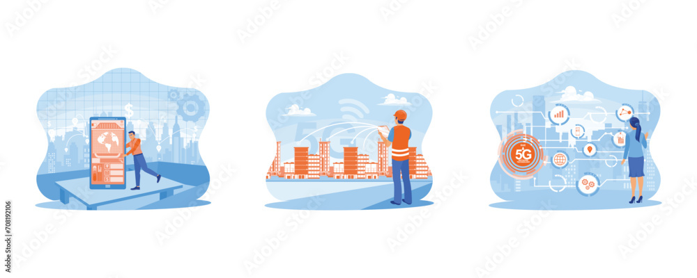 Telecommunication and internet in smart city concept. Internet network connected in a smart city. 5G wireless digital connection and future internet. I was working in the office using business 