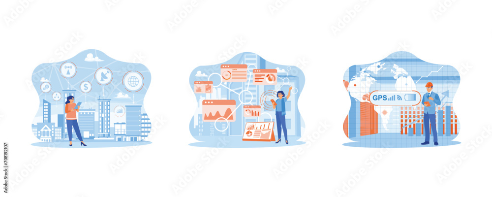 Telecommunication and internet in smart city concept. Internet of the future. Women working online. A GPS navigation map  technology icon. set flat vector modern illustration