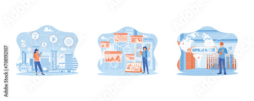 Telecommunication and internet in smart city concept. Internet of the future. Women working online. A GPS navigation map technology icon. set flat vector modern illustration
