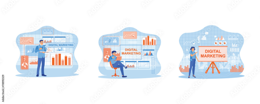  Digital marketing media concept.  Man sitting on a chair holding a laptop. marketing team. Analyze marketing graphics on a virtual screen. set flat vector modern illustration 