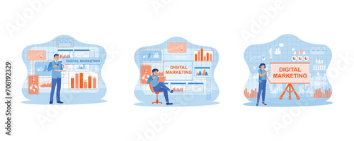  Digital marketing media concept. Man sitting on a chair holding a laptop. marketing team. Analyze marketing graphics on a virtual screen. set flat vector modern illustration 