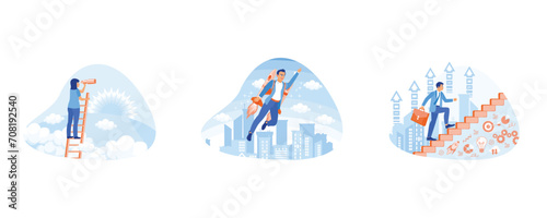  Career Development concept. A woman is standing on stairs using a telescope. Businessman in career advancement concept. Building a successful international business. 