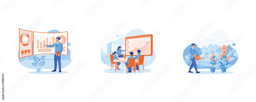 Growth Analysis concept. Presentations showing charts to groups of investors. Female chief analyst holding a meeting. set flat vector modern illustration 