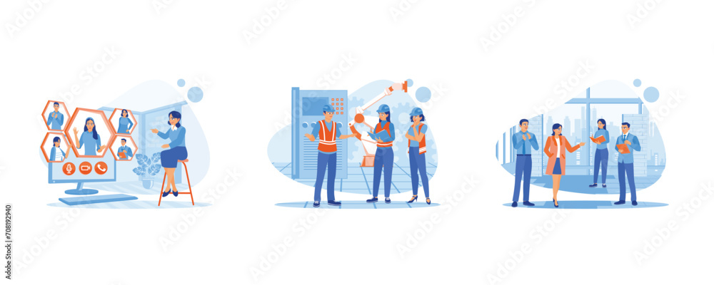 Briefing concept. Employees hold online meetings. The engineer worker listens to the leader's direction. Business people discussing collaborative projects. set flat vector modern illustration 