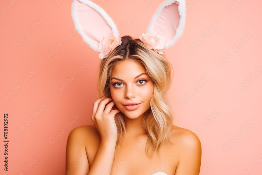 Holidays spring and party concept portrait of lovely romantic young blond woman in rabbit ears. Holidays spring and party concept portrait of lovely romantic young blond woman in rabbit ears.