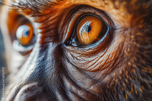 Hyper realistic monkey eyes macro close up. A close-up image of a monkey's orange eyes in the jungle in its natural habitat. photo