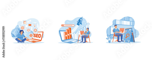  SEO concept. Businessman analyzing SEO Search Engine Optimization. Promote ranking traffic on the website. Internet Business Development. set flat vector modern illustration 