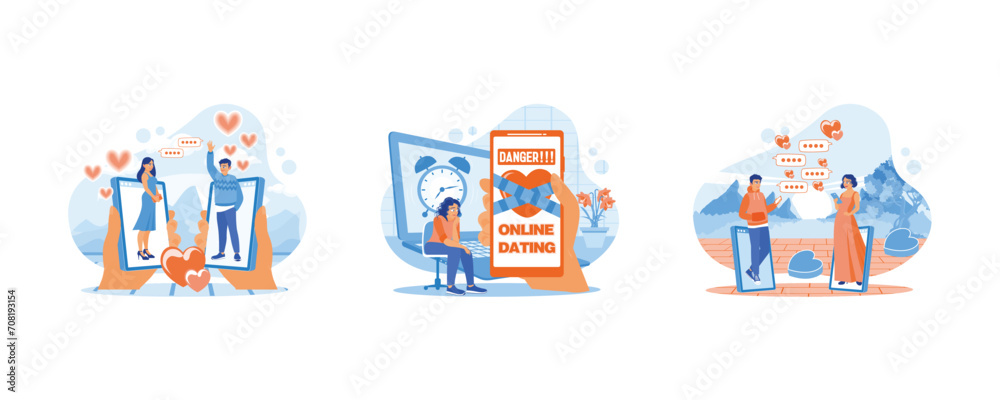 Online dating. Hand holding a cell phone with a heart tied to a ribbon symbol the dangers of online dating. Young couples using mobile phones send and read messages in text bubbles. 