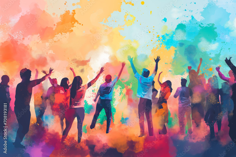 People celebrating for holi festival of color in nepal , india illustration design. They are very happy that it is the festival of colors. - obrazy, fototapety, plakaty 
