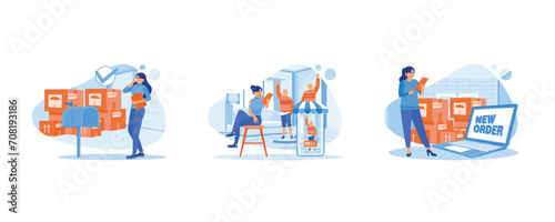Businesswoman receives a call from a customer. Order confirmation.  Woman confirming customer order and address. set flat vector illustration.