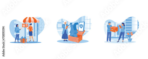 Women are shopping online at home. Small business owner takes photos of products in package boxes using a gadget. A courier delivers a package to the customer's address. set flat vector illustration