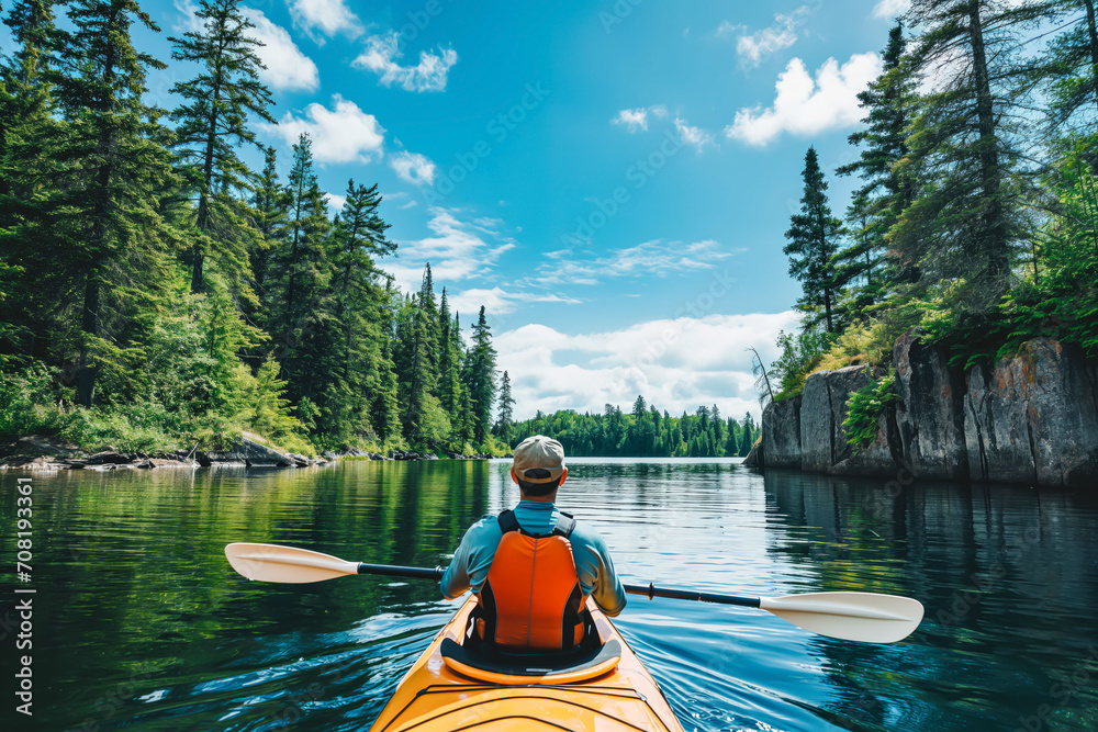 Rear view of man kayaking on lake in Canada with beautiful forest surrounding and blue sky in the background, sport recreation outside in nature