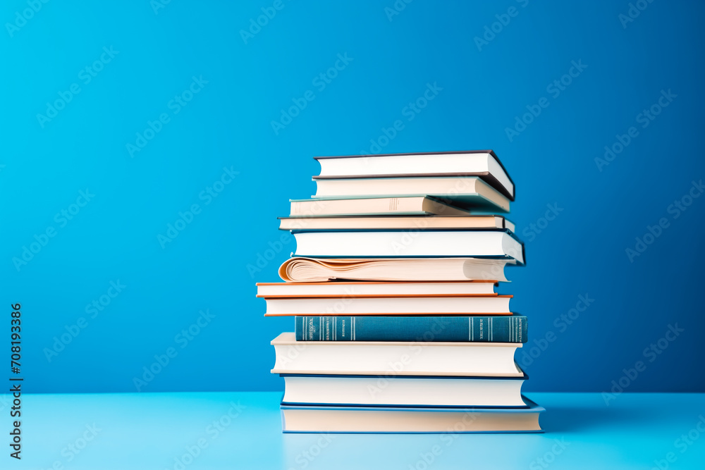 Simple composition of hardback books, raw books on a blue backgr Simple composition of hardback books, raw books on a blue backgr