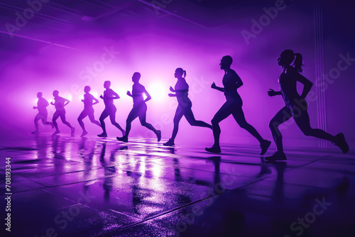 Running people in purple light, world cancer day concept. Encouraging a healthy life and plenty of exercise.